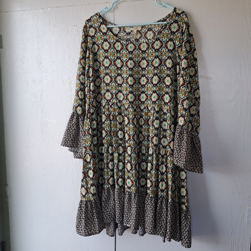 Kori America Plus Boho Chic Floral Bell Sleeve Peasant Tunic Dress SZ XL